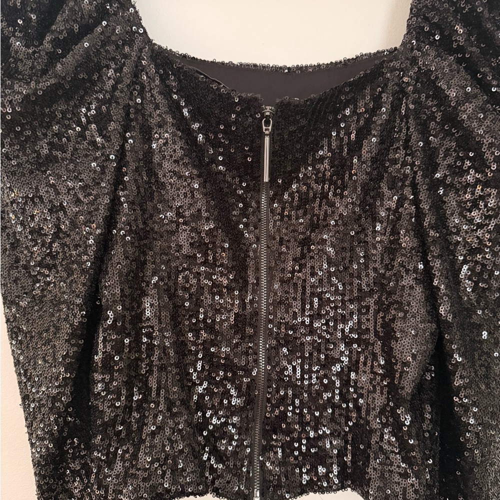 Ramy Brook Sky Top Black Sequin Puff-Sleeve Square-Neck blouse Size 6 - Picture 5 of 9
